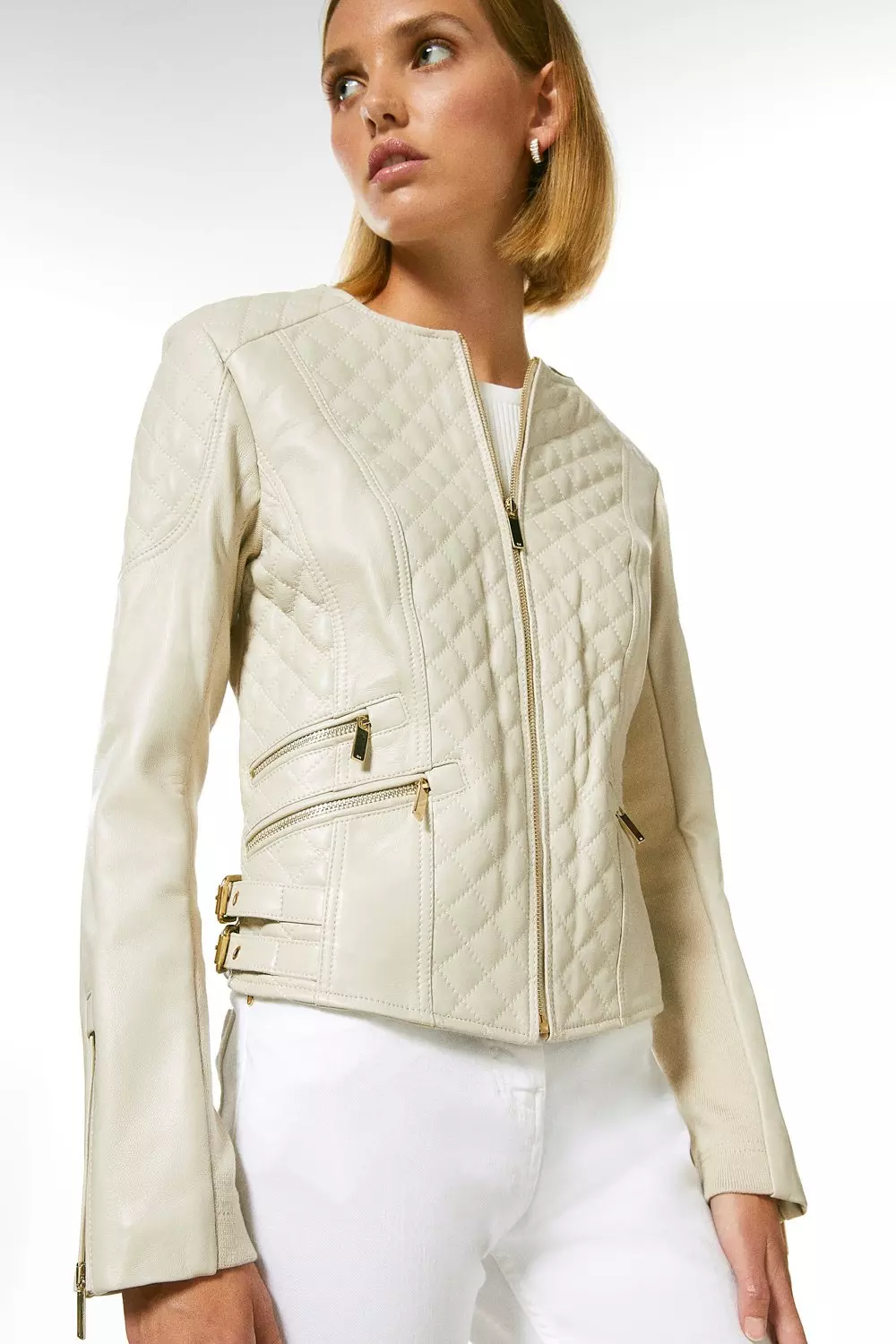 Petite Leather Quilted Moto Jacket