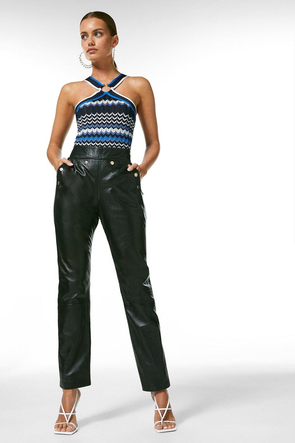 High-rise straight leg leather trousers