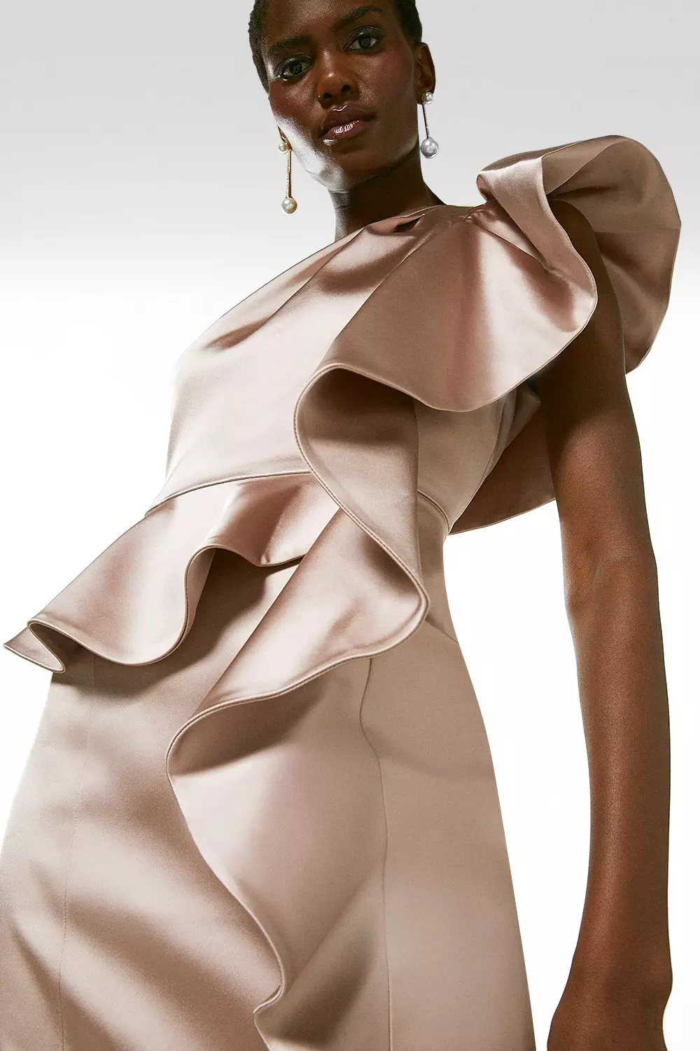 Italian Structured Satin Drama Ruffle Dress | Karen Millen