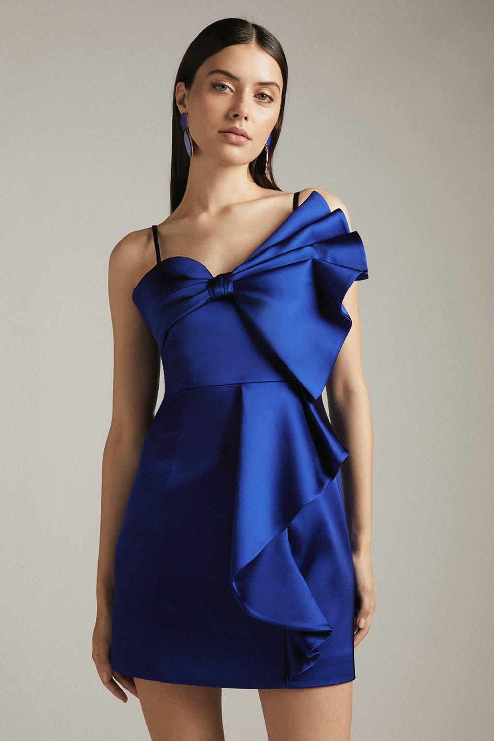 Italian Structured Satin Bow Drape Dress | Karen Millen