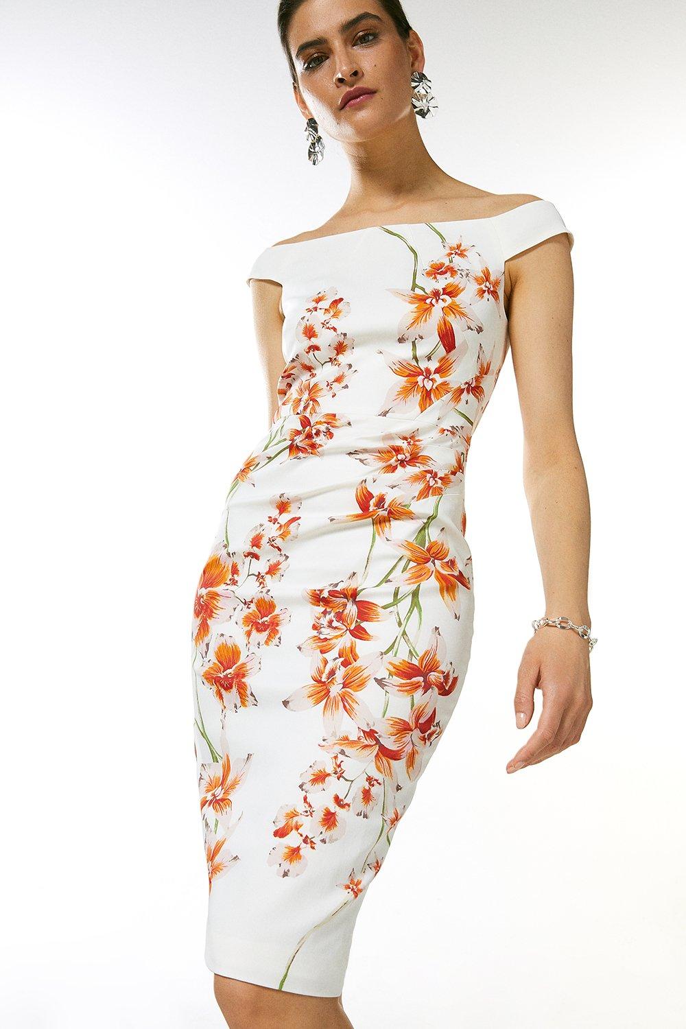 Italian Signature Stretch Floral Bardot Dress Karen Millen