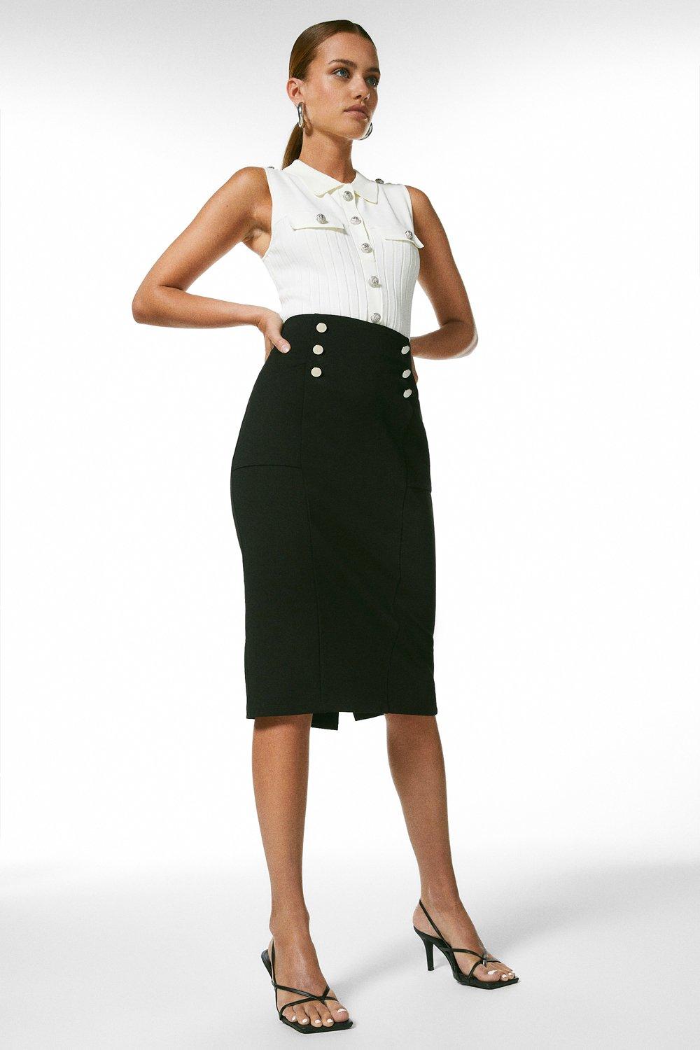 Petite Button Pocket Ponte Midi Skirt | Karen Millen