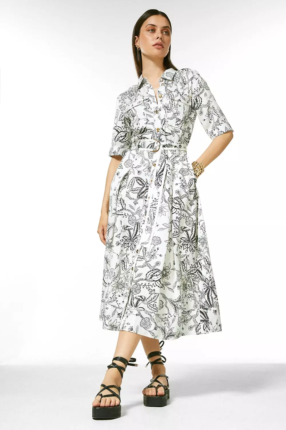 Mono Floral Linen Viscose Woven Shirt Dress | Karen Millen