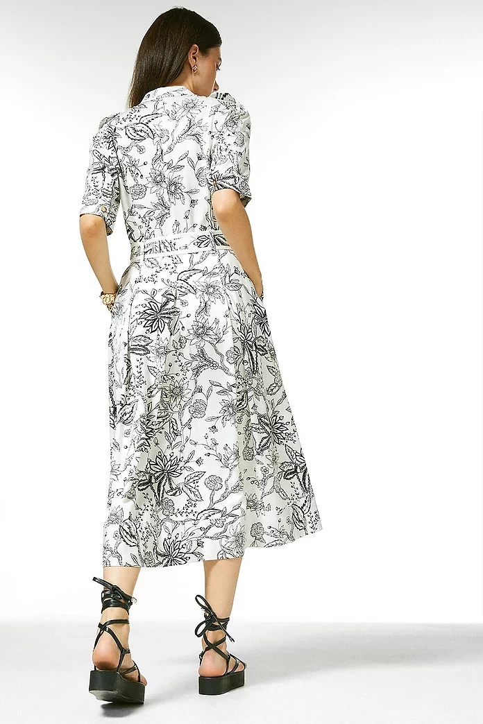 Mono Floral Linen Viscose Woven Shirt Dress