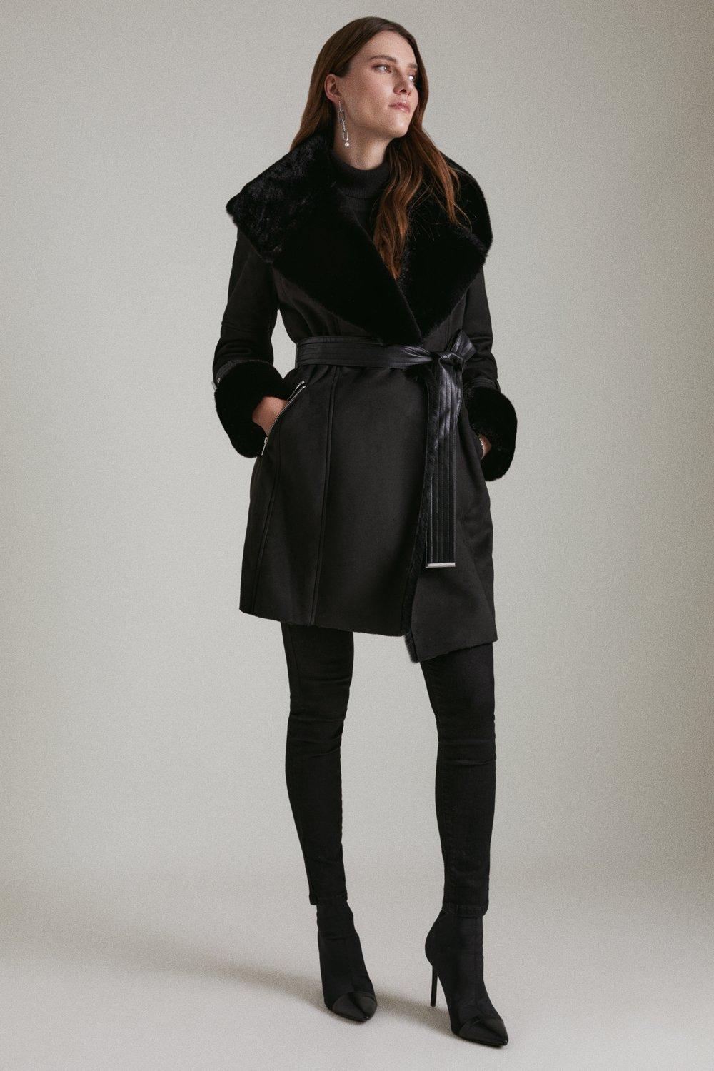 Faux Shearling Collar & Cuff Belted Short Coat