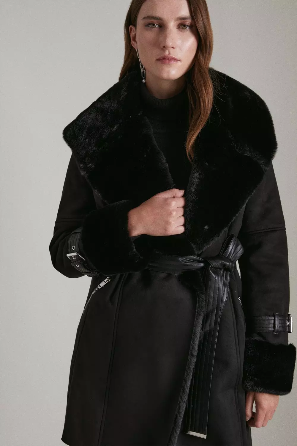 Mock Shearling Fur Cuff Belted Coat Karen Millen