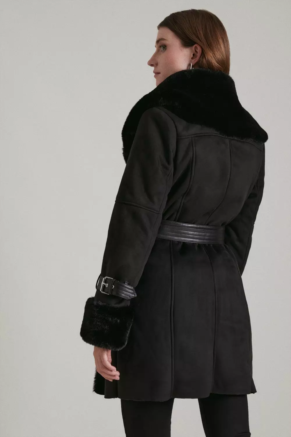 Mock Shearling Fur Cuff Belted Coat Karen Millen