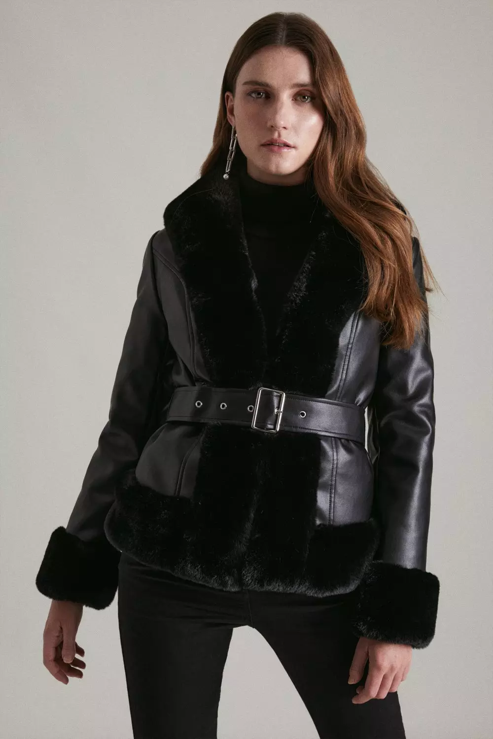 Faux Fur Pu Belted Short Coat Karen Millen