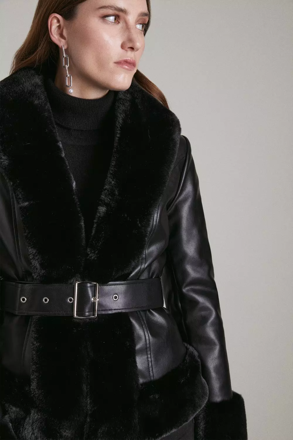 Faux Fur Pu Belted Short Coat | Karen Millen