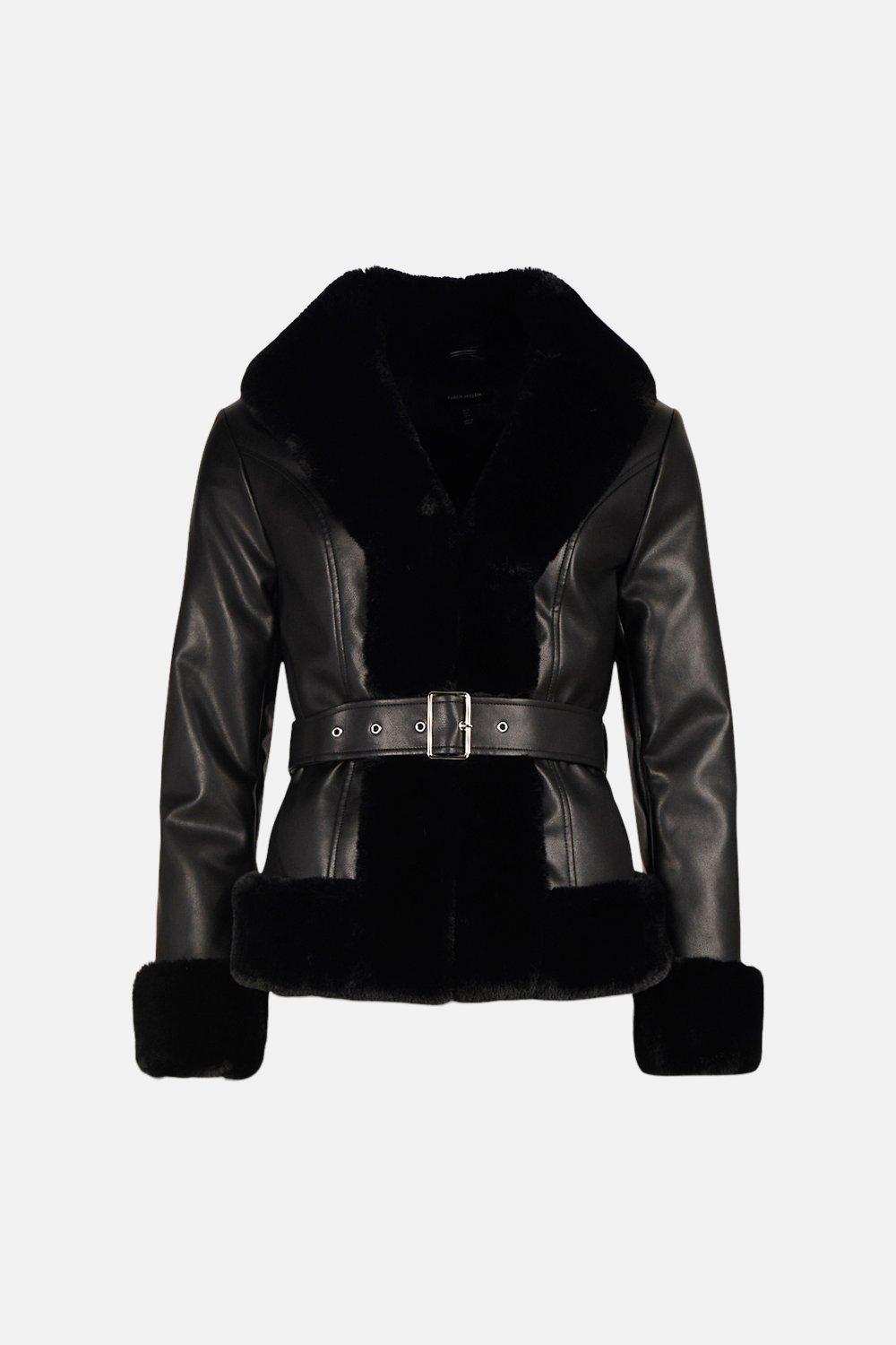 black faux fur black belted short coat