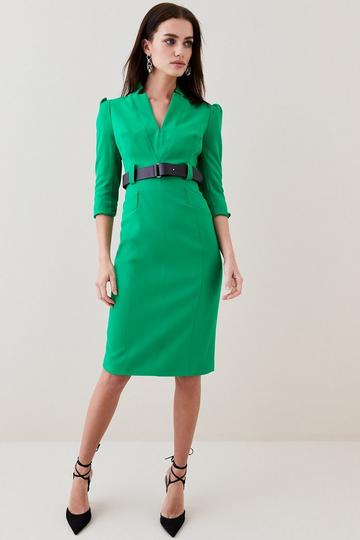 Green Petite Forever Belted Midi Pencil Dress