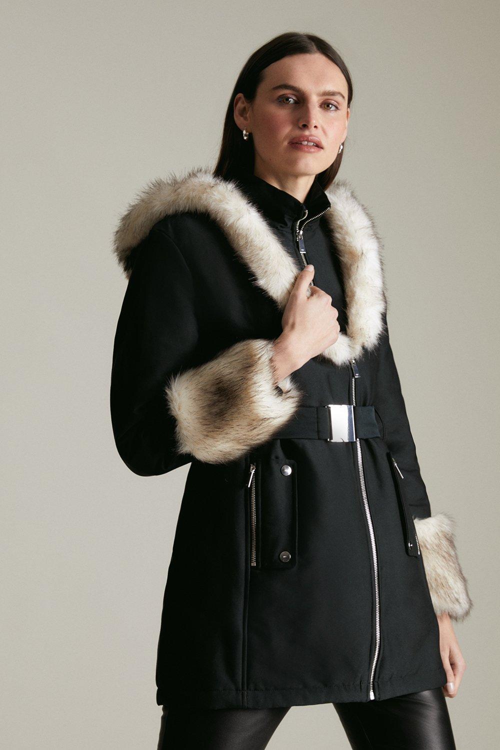 Miss Selfridge Faux Fur Collar Belted Coat, Black