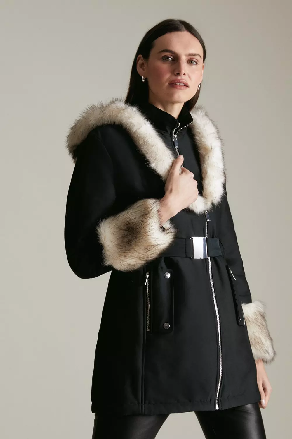 Karen millen padded outlet coat with fur trim