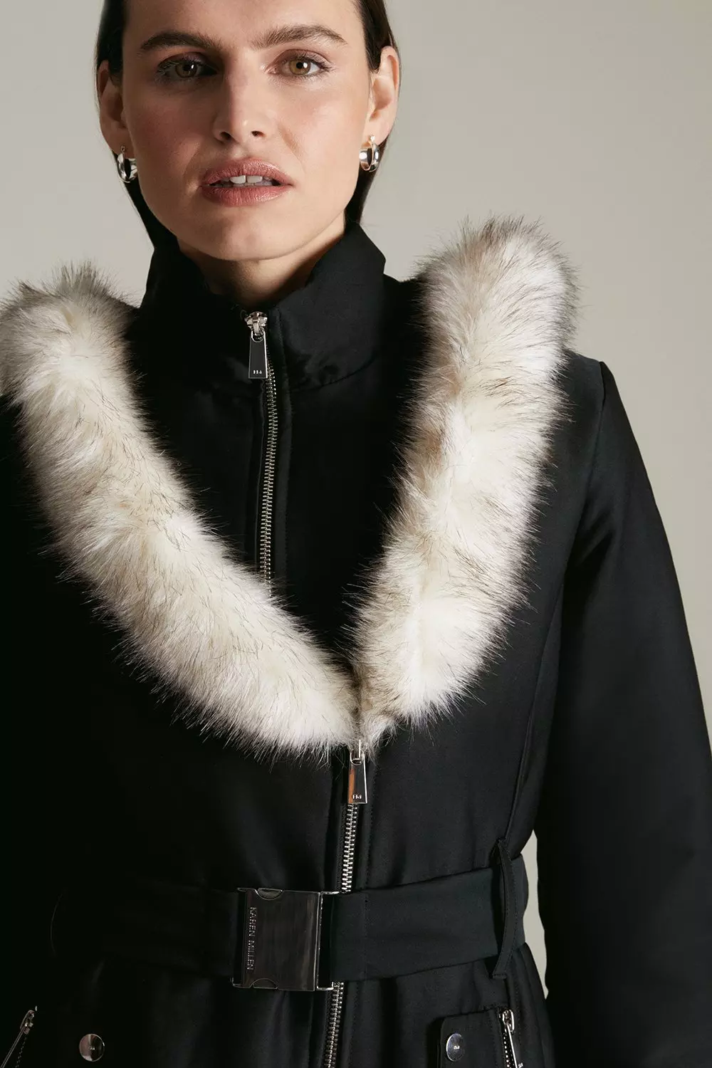 Faux Fur Collar Trim Parka Coat | Karen Millen