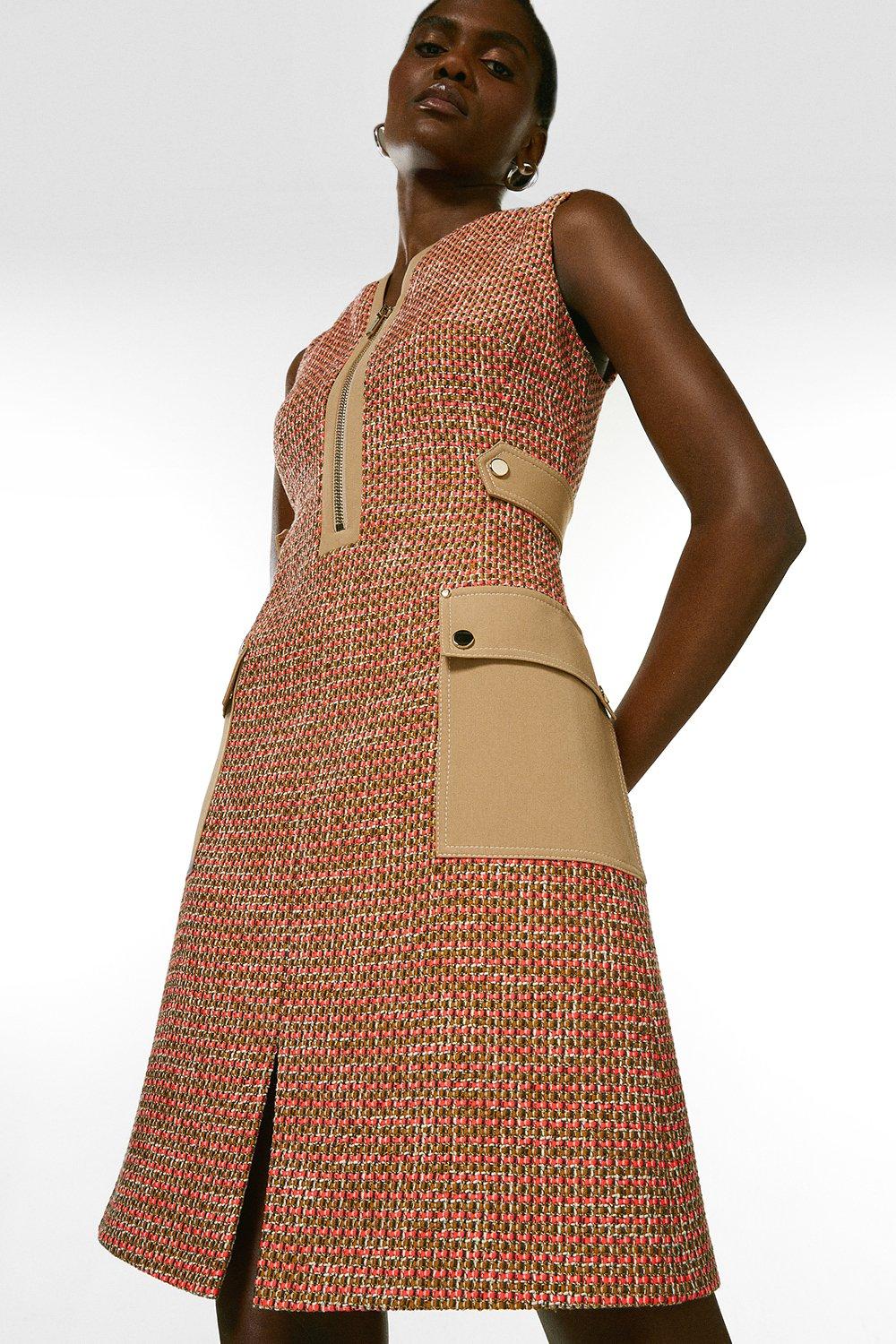 Tweed And Contrast Pocket A Line Mini Dress