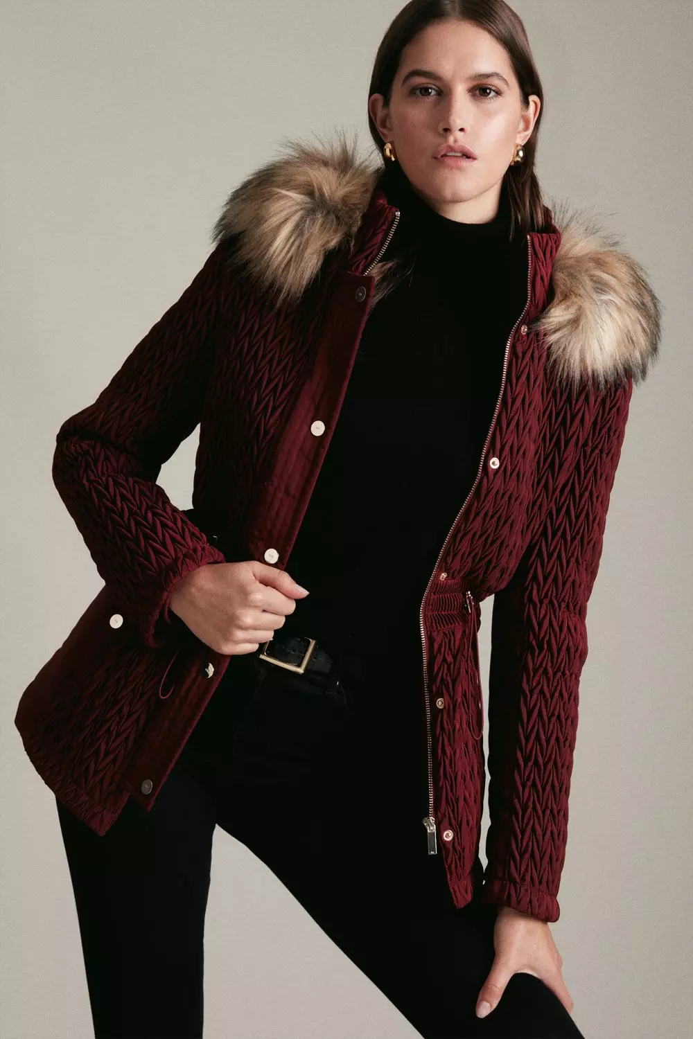 Signature Quilt Short Faux Fur Trim Coat | Karen Millen