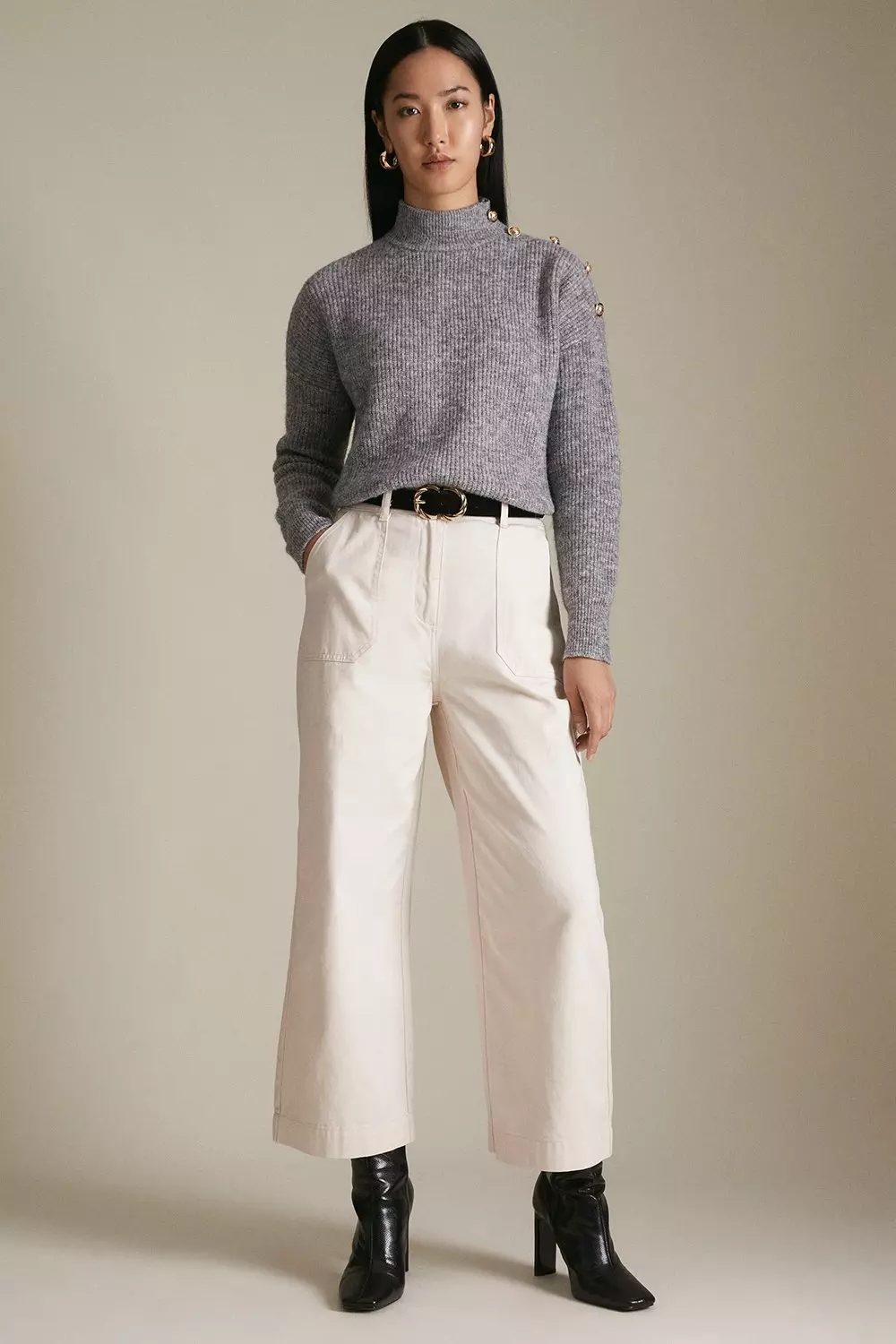 Twill Woven Wide Leg Cropped Trouser