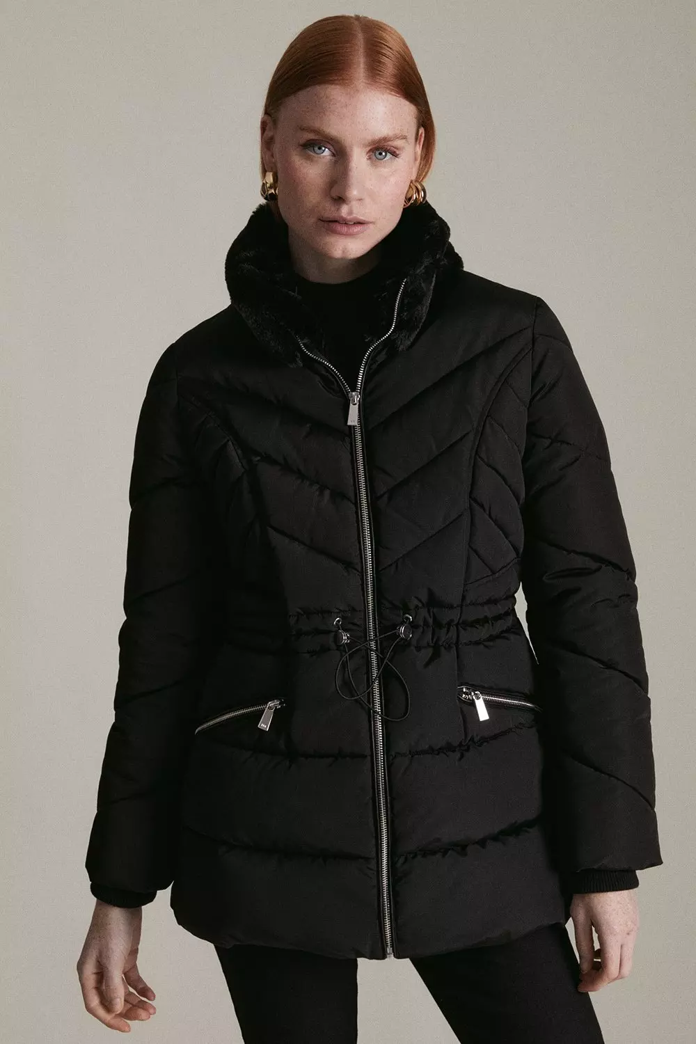 Faux Fur Lined Belted Puffer Coat