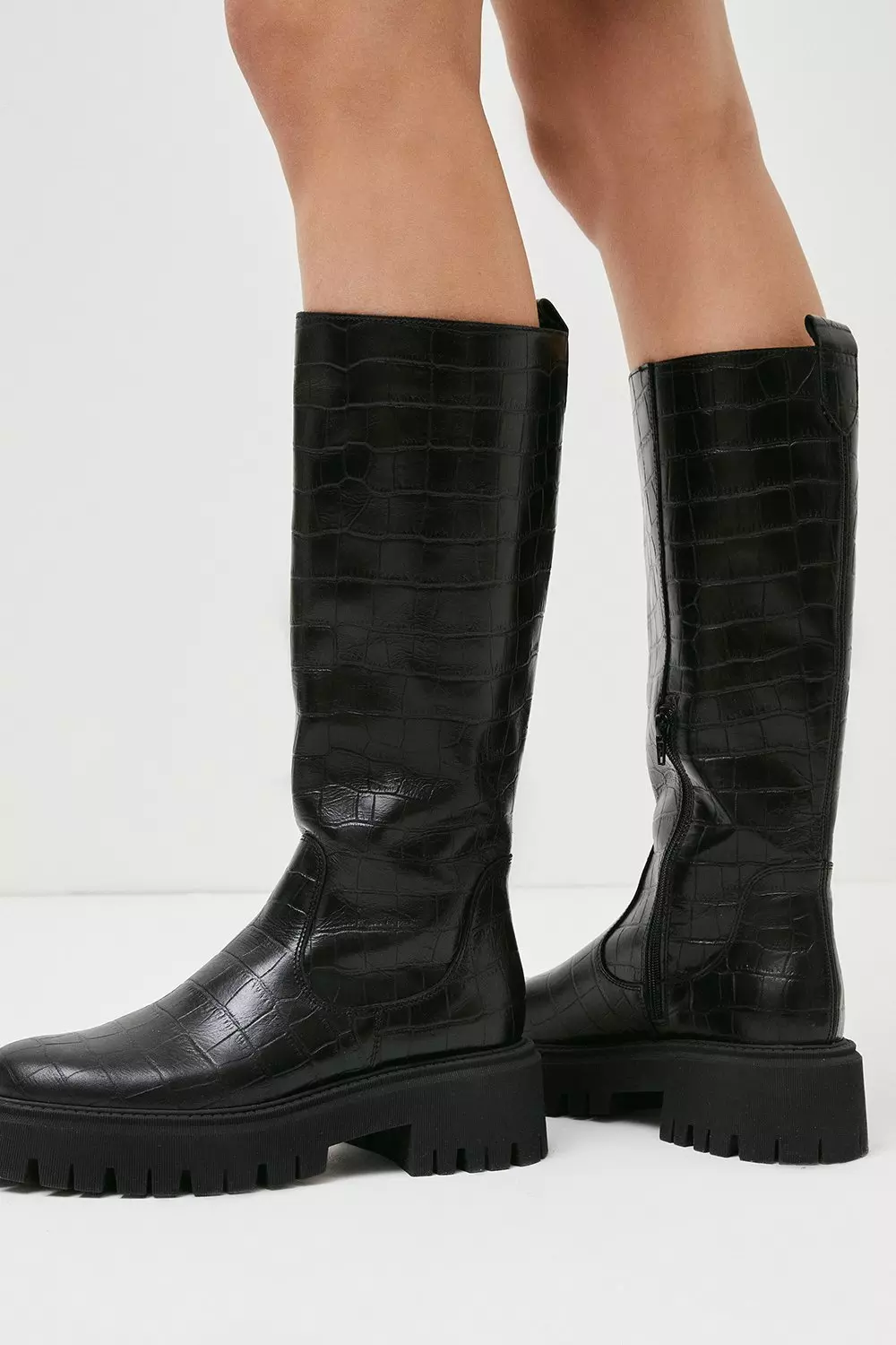 Flat black knee on sale high leather boots