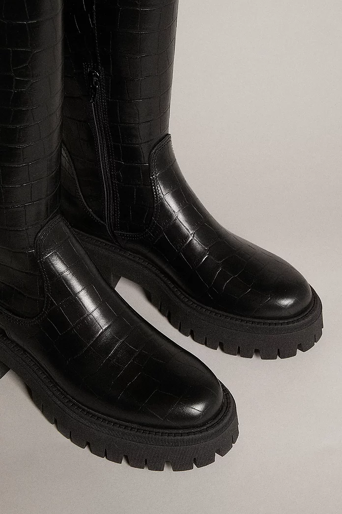 Knee High Croc Leather Flat Boot