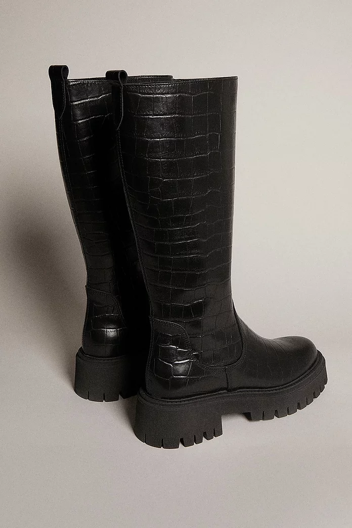 Knee High Croc Leather Flat Boot