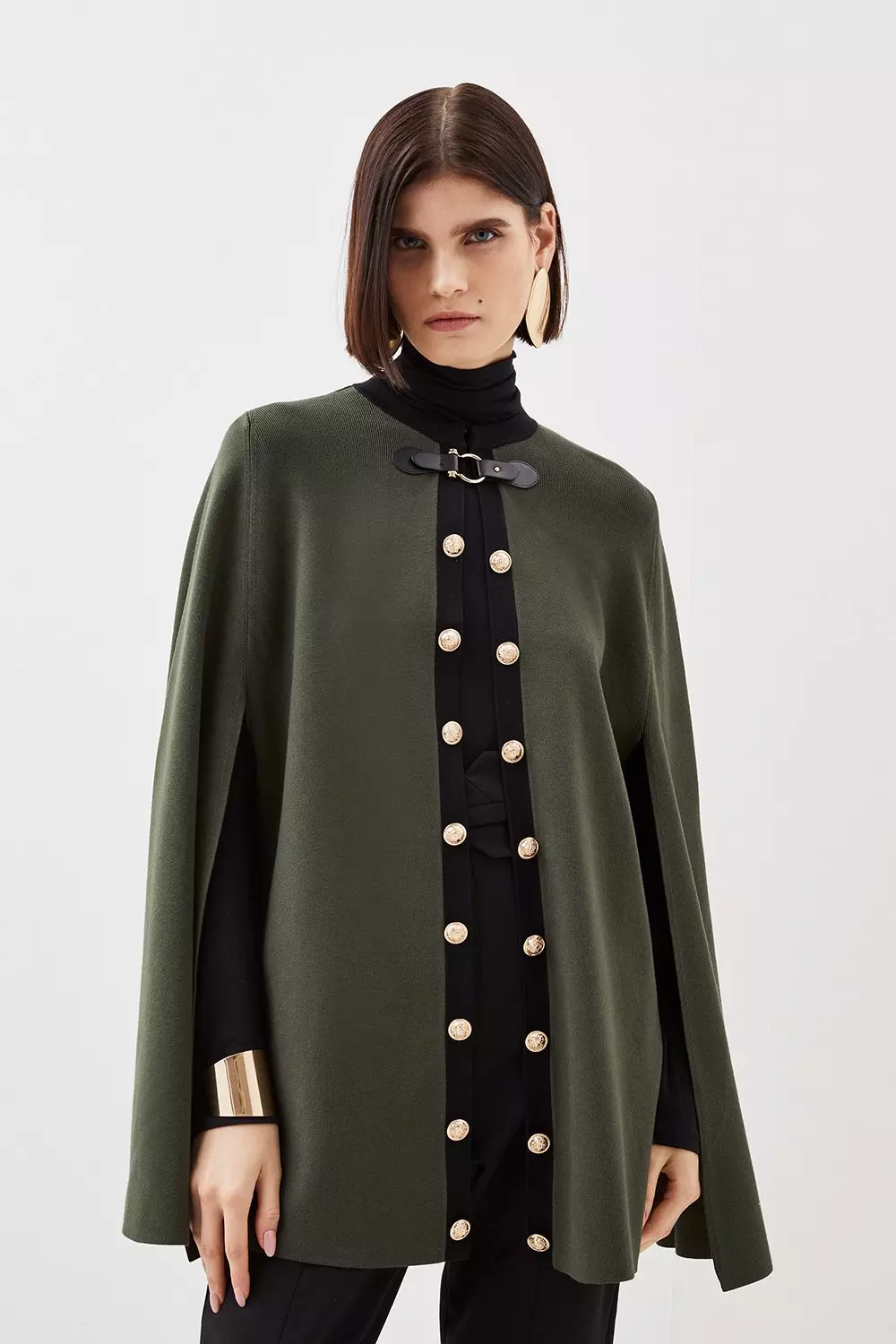 Viscose Blend Military Trim Knitted Cape | Karen Millen