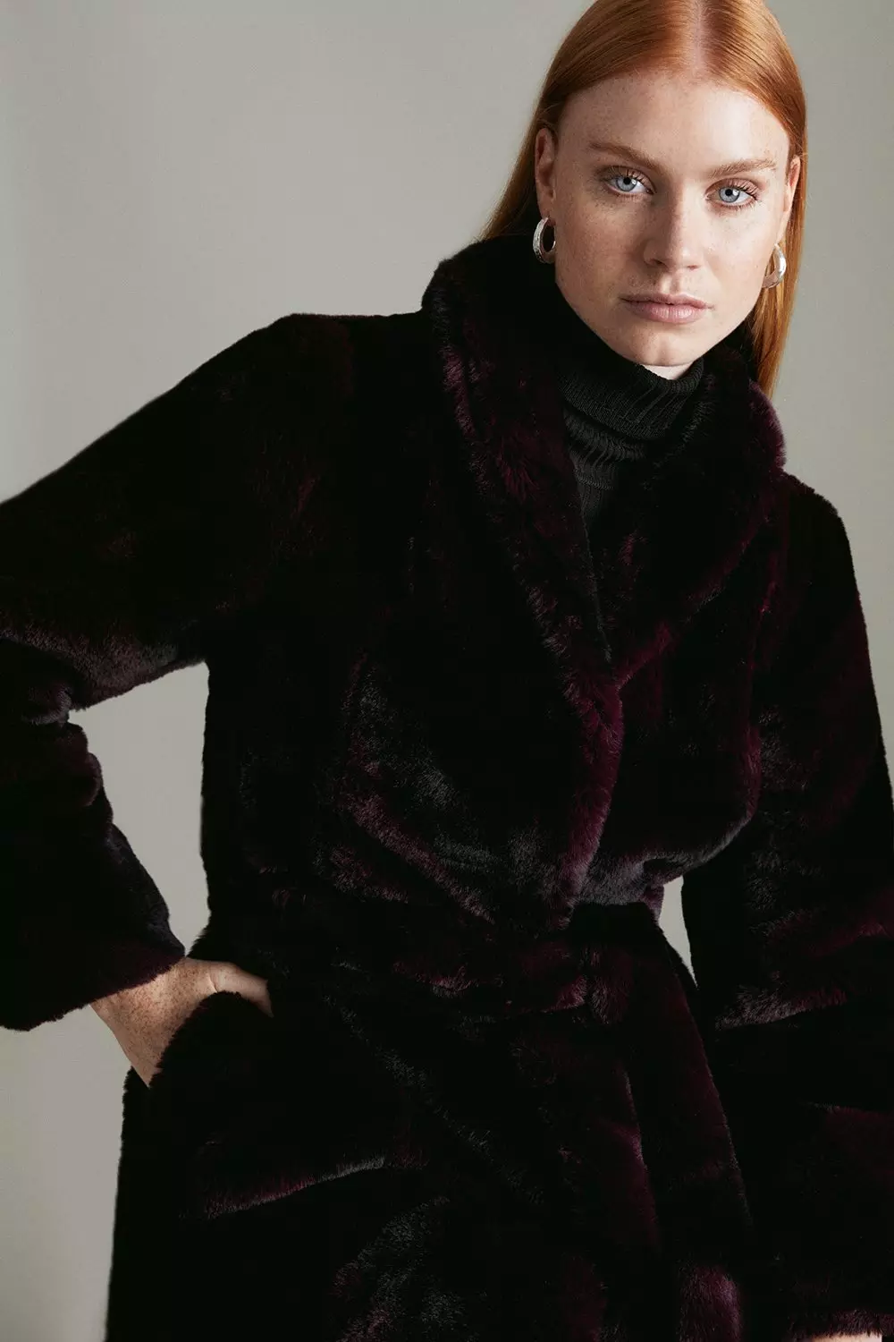 Belted velvet faux hot sale fur coat