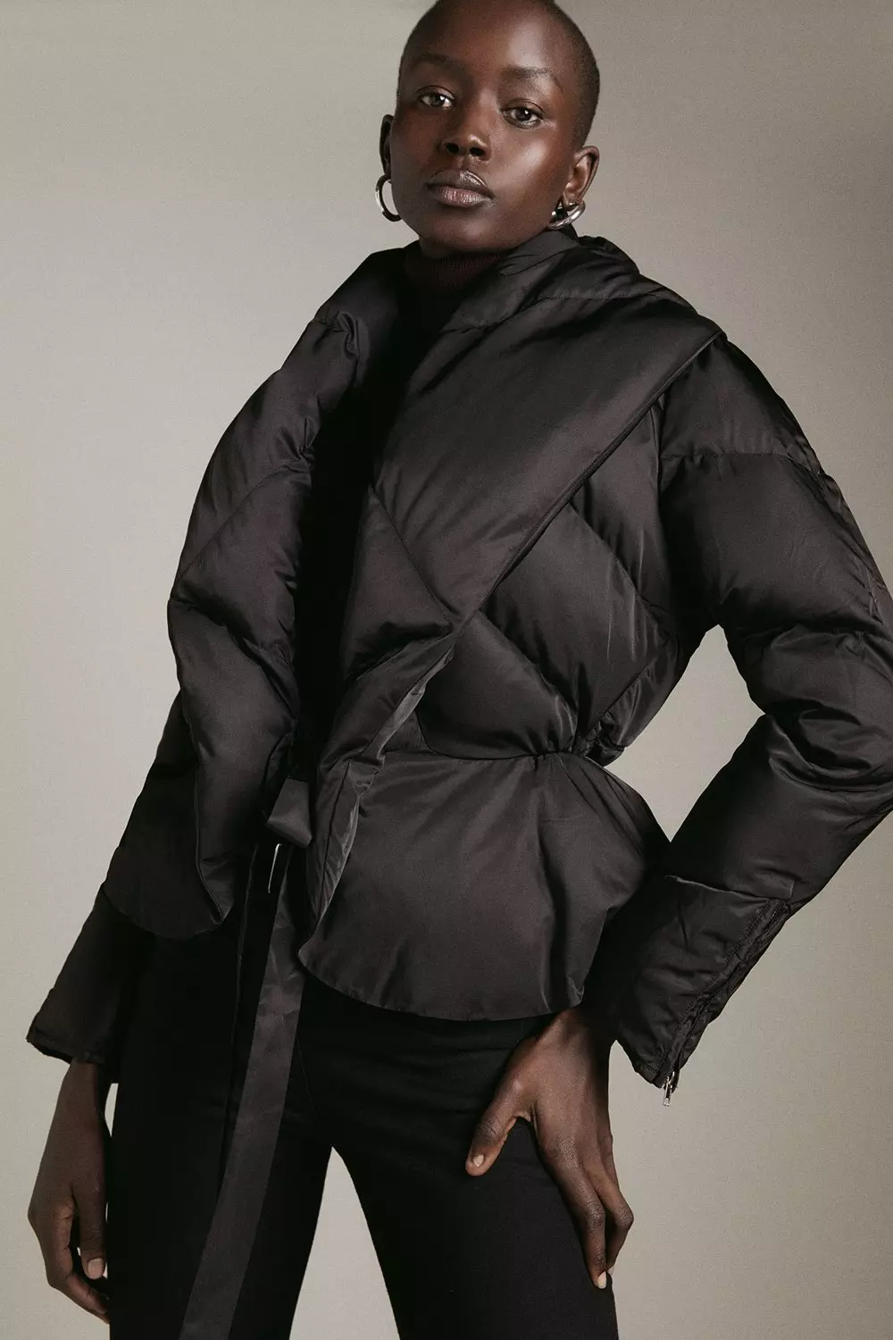 Wrap Detail Belted Duvet Puffer Jacket