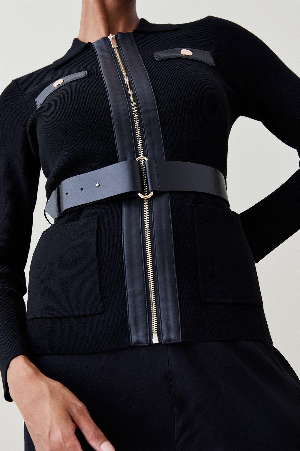 Pu Trim Belted Knit Jacket | Karen Millen