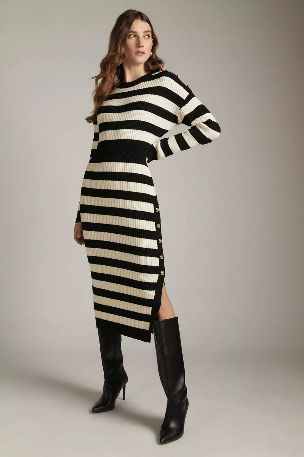 Wool Blend Striped Knitted Midi Dress | Karen Millen