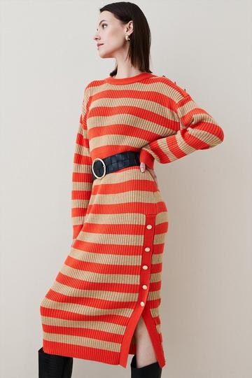 Red Wool Blend Striped Knitted Midi Dress