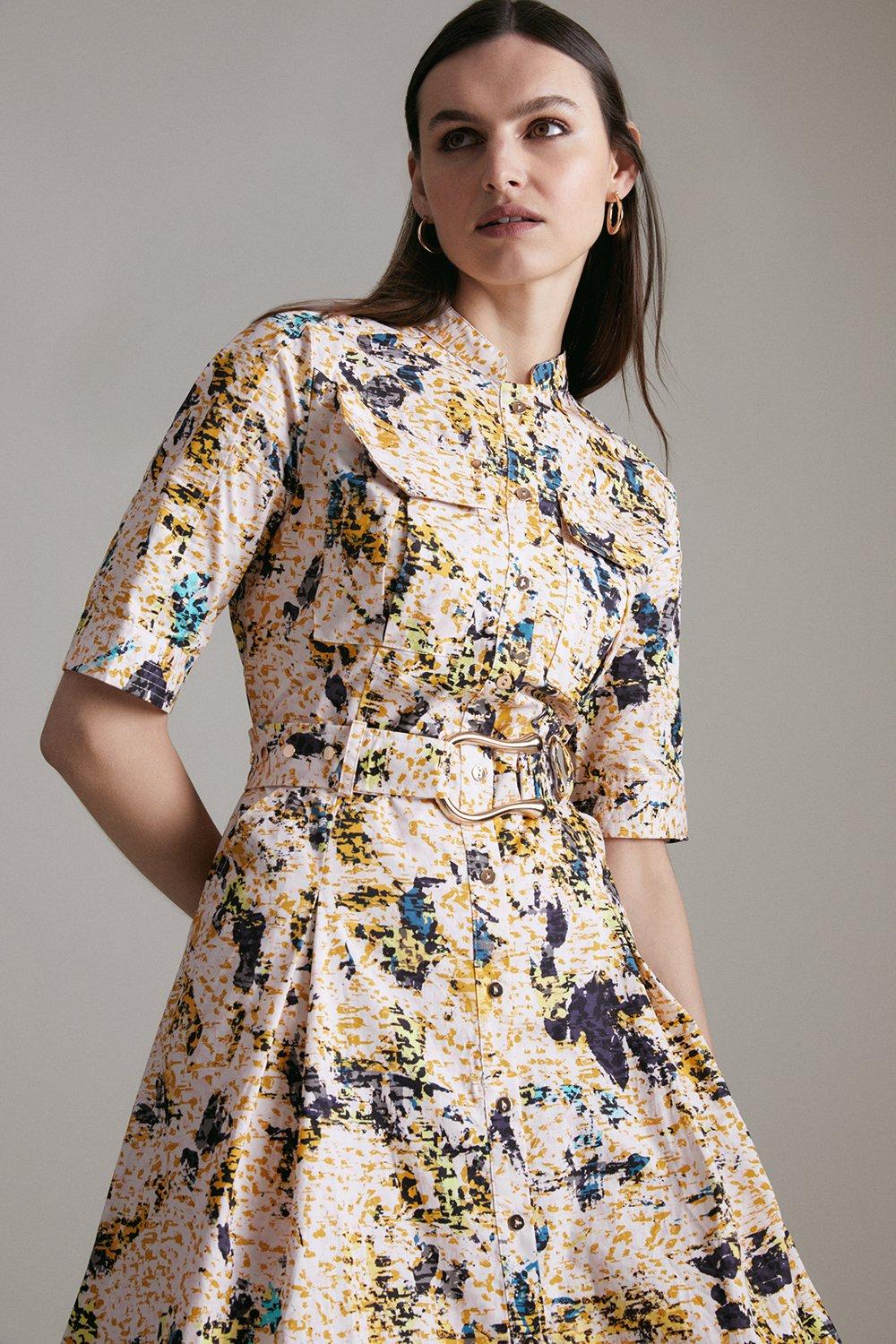 Cotton Sateen Woven Utility Shirt Dress | Karen Millen