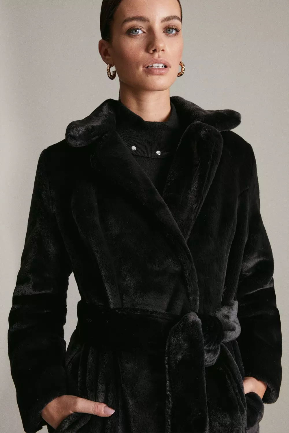 Petite Belted Faux Fur Coat