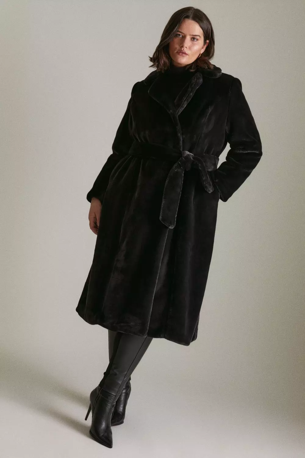 Black belted fur sales coat