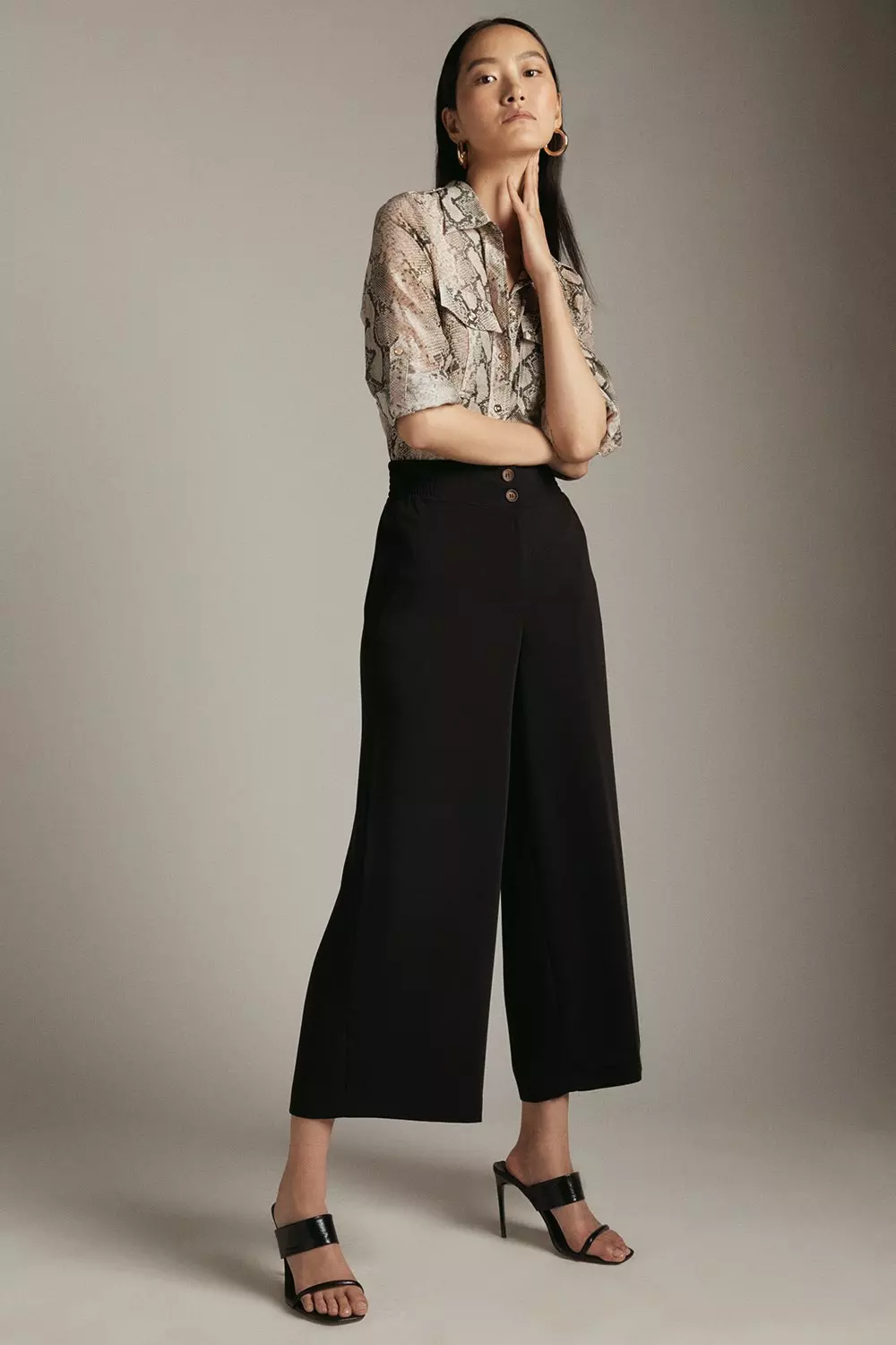 Black Woven Contrast Waistband Tailored Wide Leg Pants