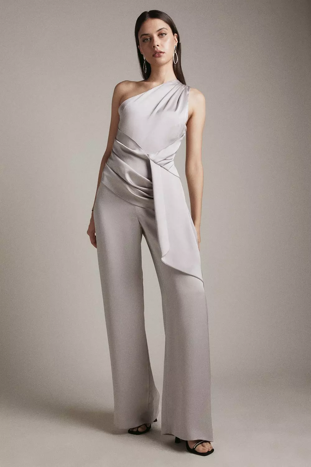 Satin Crepe One Shoulder Drape Jumpsuit