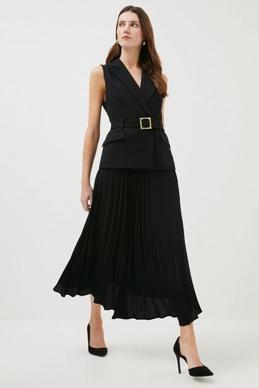 Tailored And Pleat Belted Midi Dress