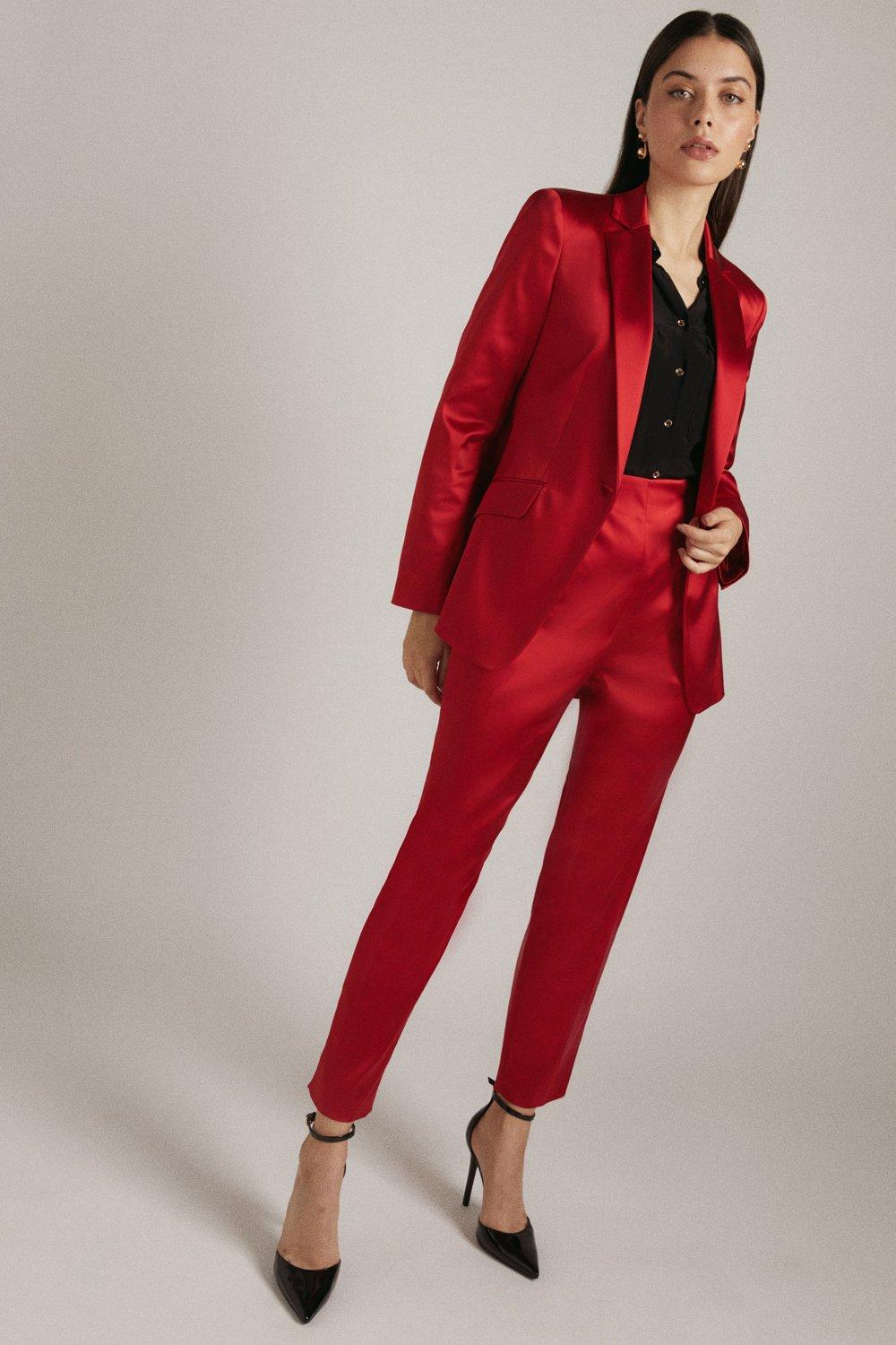 red satin trouser suit