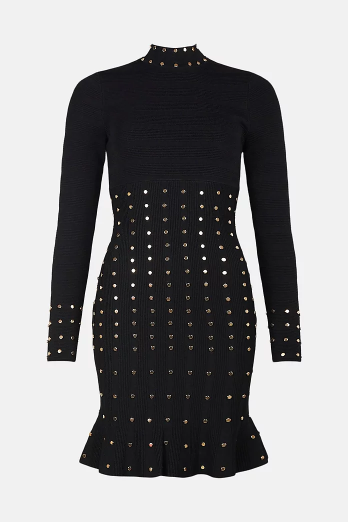 Long Sleeve Knitted Dress With Stud Detailing