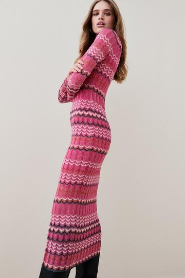 Pink Patterned Sparkle Knit Roll Neck Jacquard Midi Dress