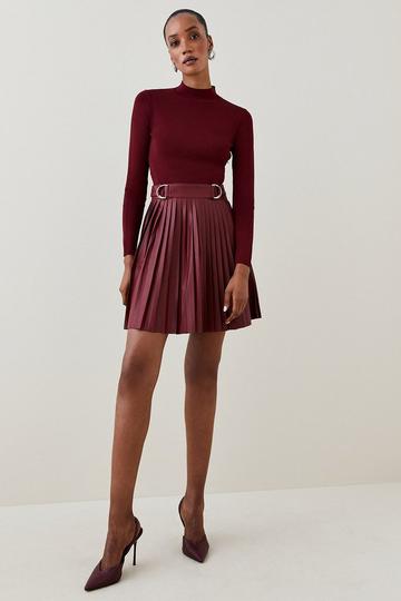 Burgundy Red Viscose Blend Knitted Skater Dress With Pu Mini Detailing