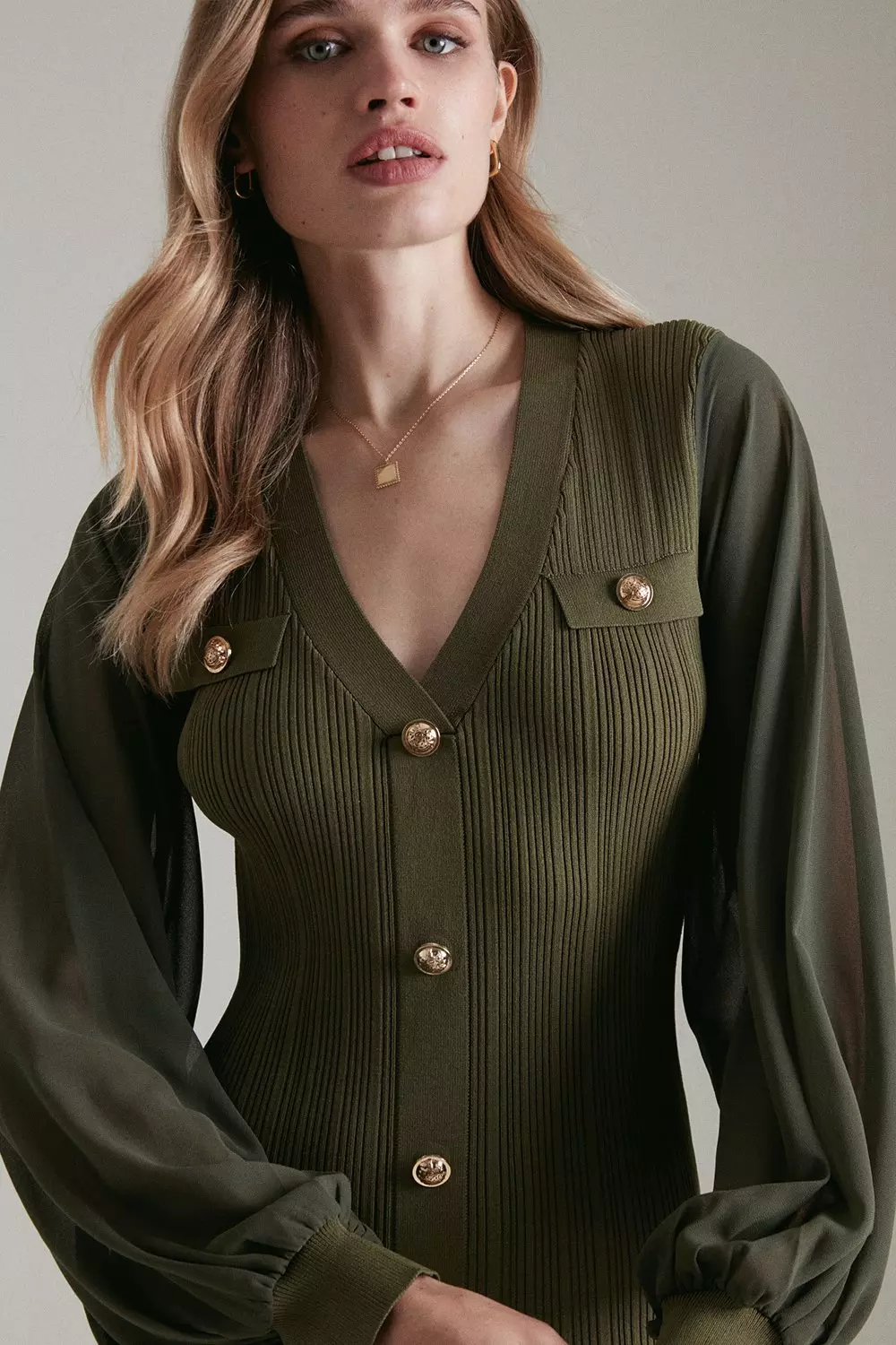 Military Knit Georgette Sleeve Pencil Dress