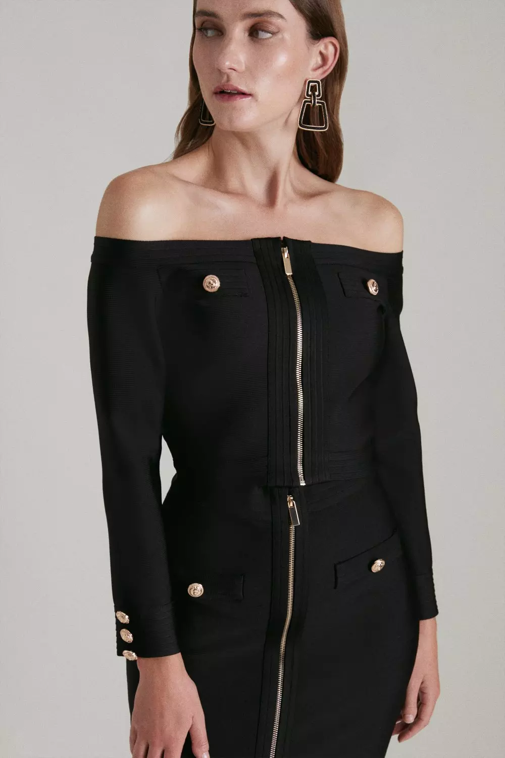 Military Bandage Off The Shoulder Top In Recycled Yarn | Karen Millen