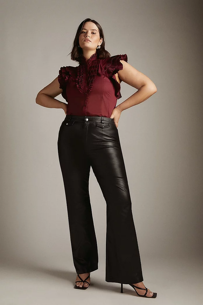 Plus Size Leather Pocket Slim Flare Trousers
