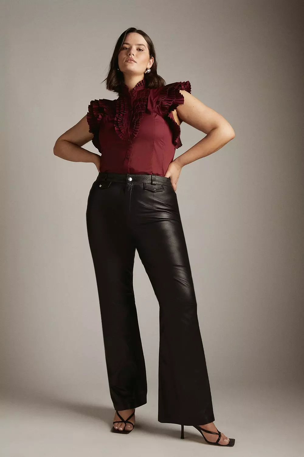 Plus Size Leather Pocket Slim Flare Pants