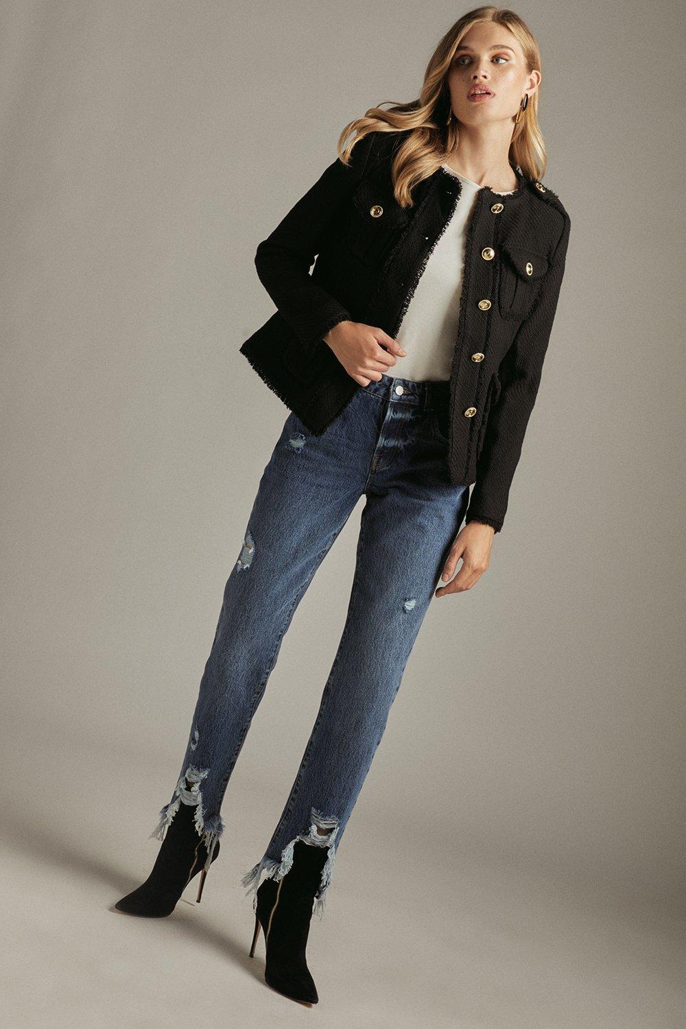 Frayed Edged Textured Boucle Cropped Jacket