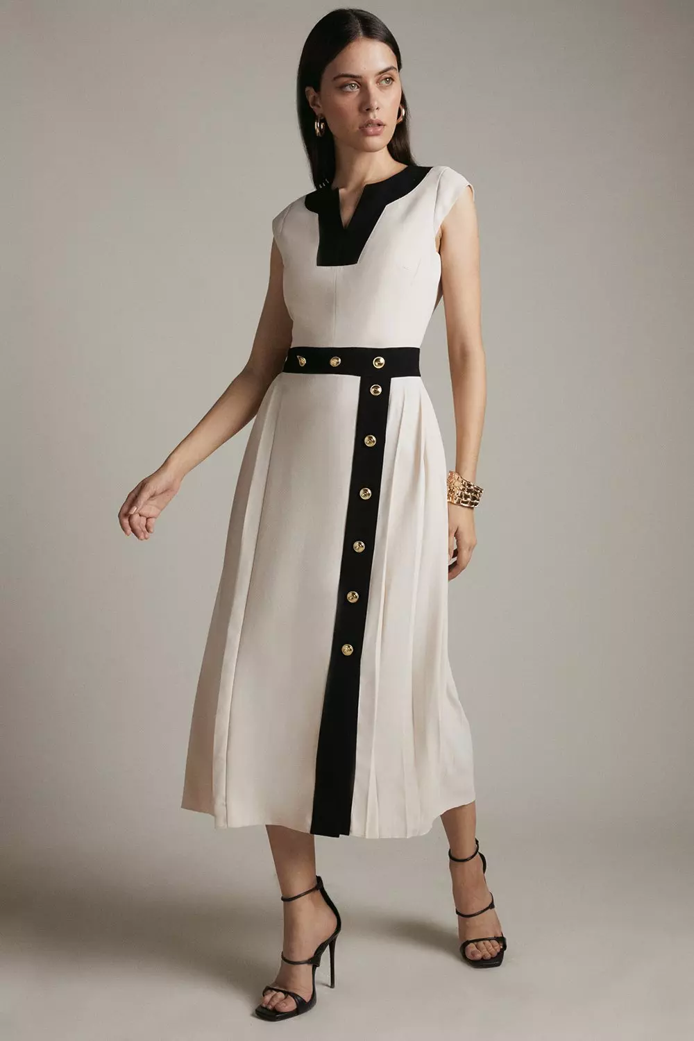 Pleated Military Button Midi Dress