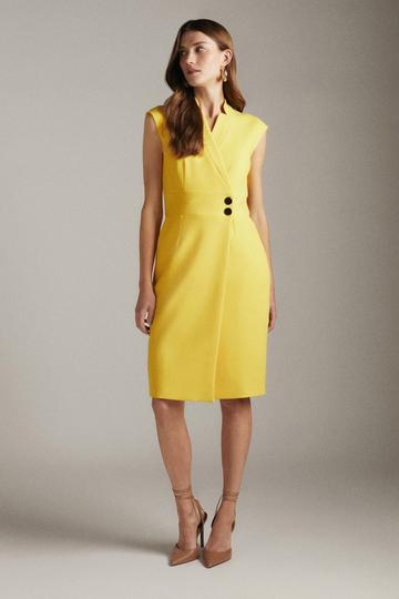Yellow Collar Wrap Popper Midi Dress