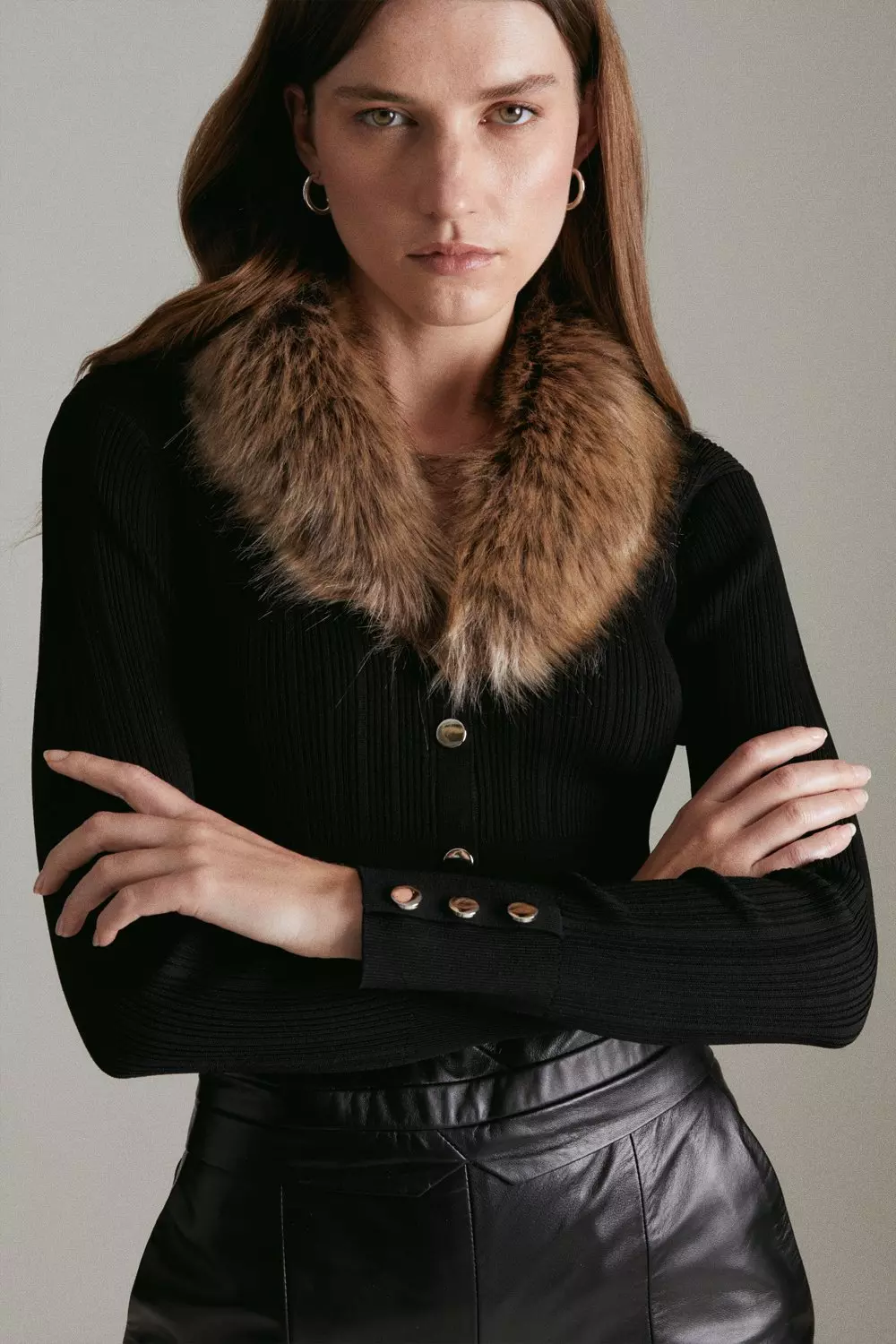 Faux Fur Collared Knitted Cardigan Karen Millen