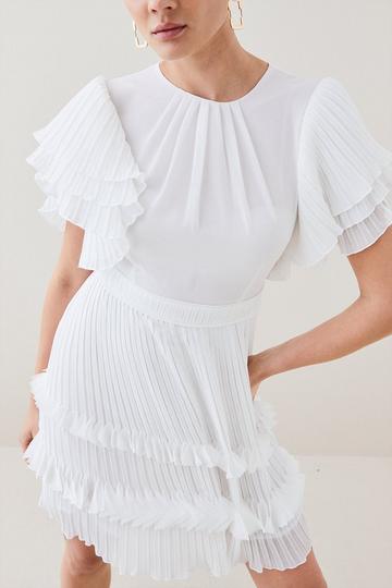 Pleat Detail Fluted Sleeve Short Dress white
